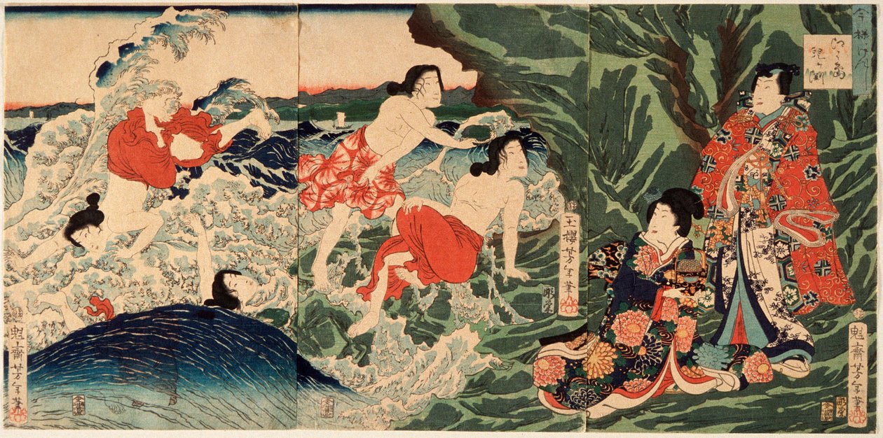 En modern prins Genji vid Chigogafuchi, Enoshima av Tsukioka Yoshitoshi