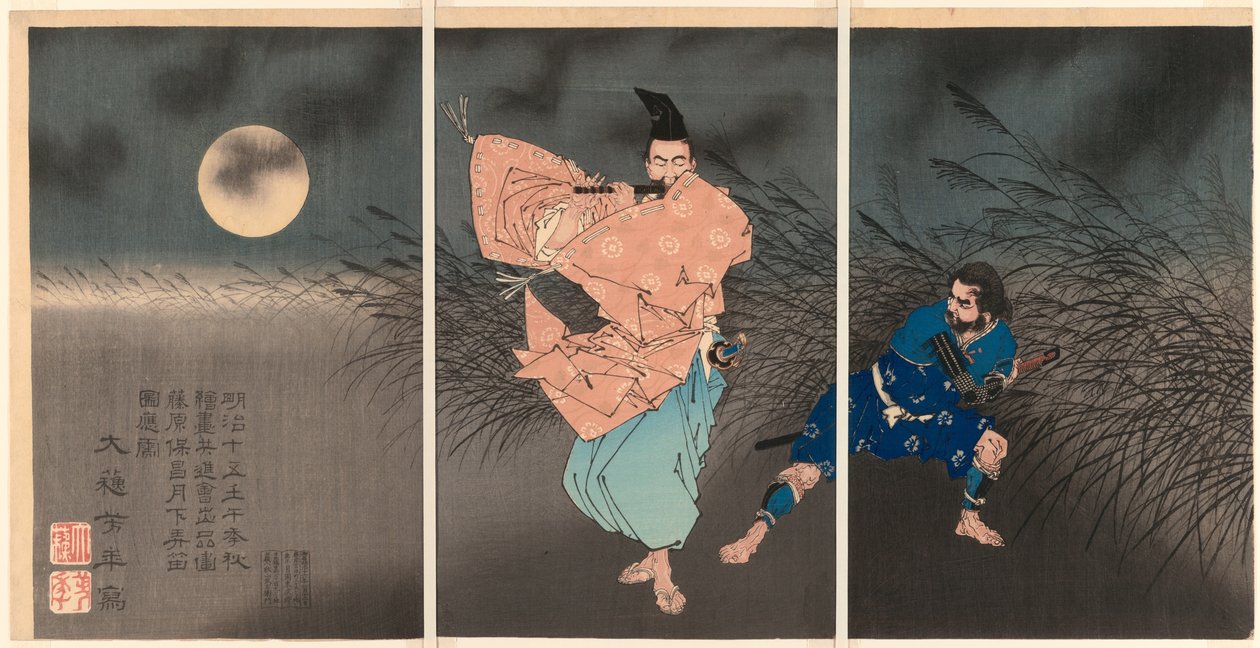 Fujiwara no Yasumasa spelar sin flöjt i månskenet av Tsukioka Yoshitoshi