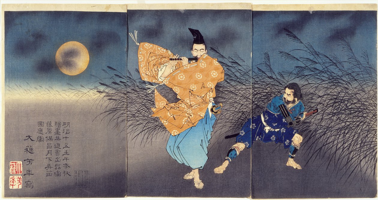 Fujiwara no Yasumasa spelar flöjt i månsken av Tsukioka Yoshitoshi