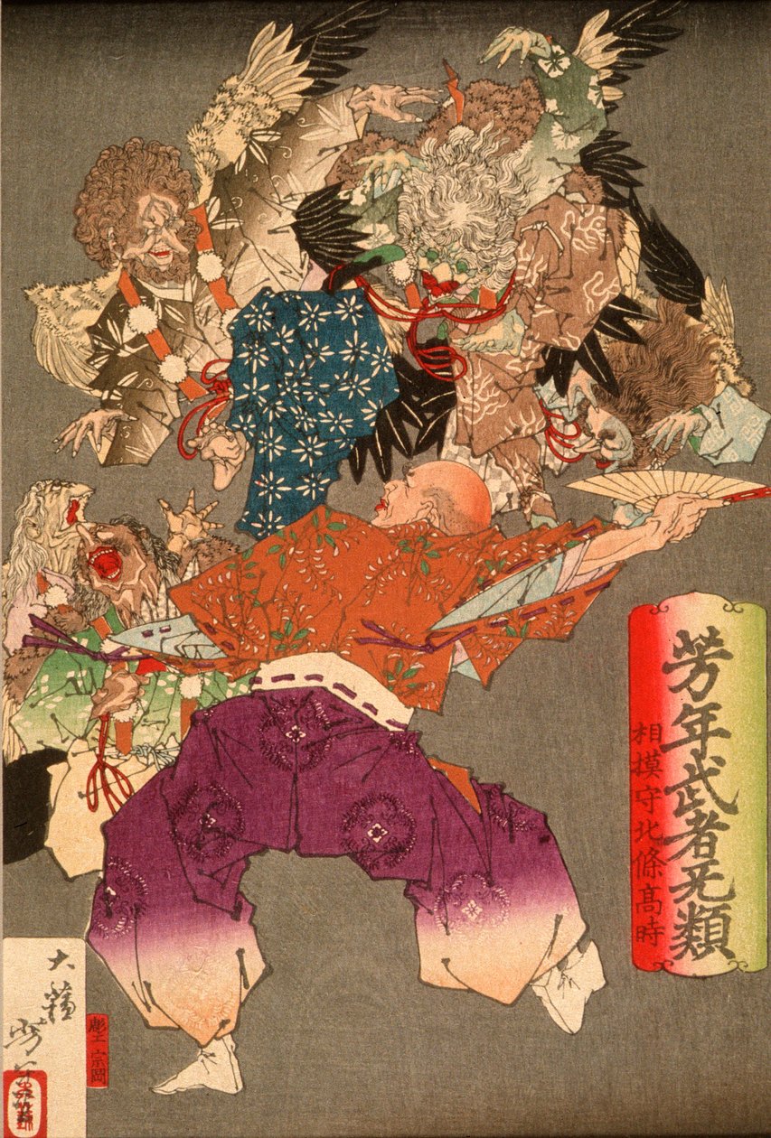 Hōjō Takatoki, härskare över Sagami, avvärjer tengu med sin solfjäder av Tsukioka Yoshitoshi