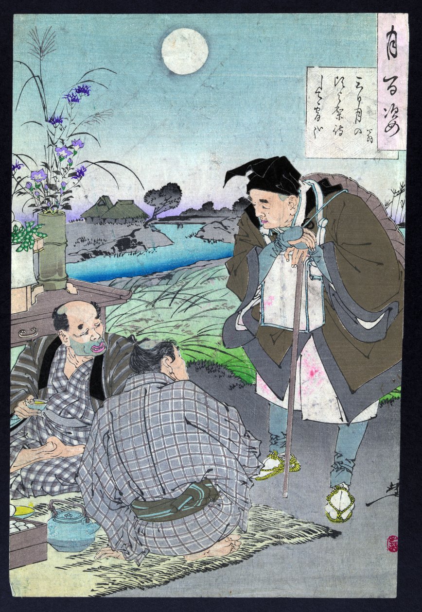 Den japanska poeten Basho Matsuo talar med två män av Tsukioka Yoshitoshi