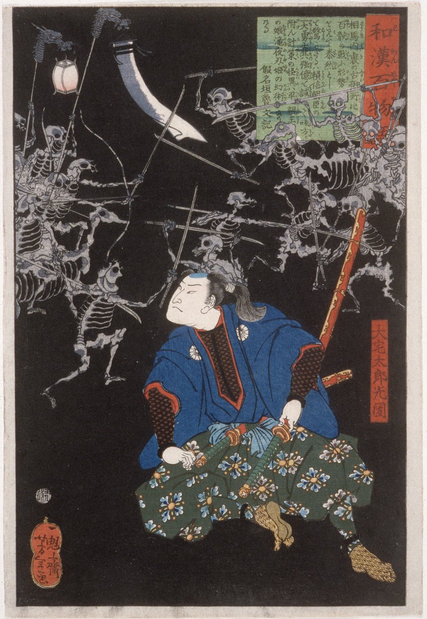 Ōya Tarō Mitsukune betraktar skelett av Tsukioka Yoshitoshi