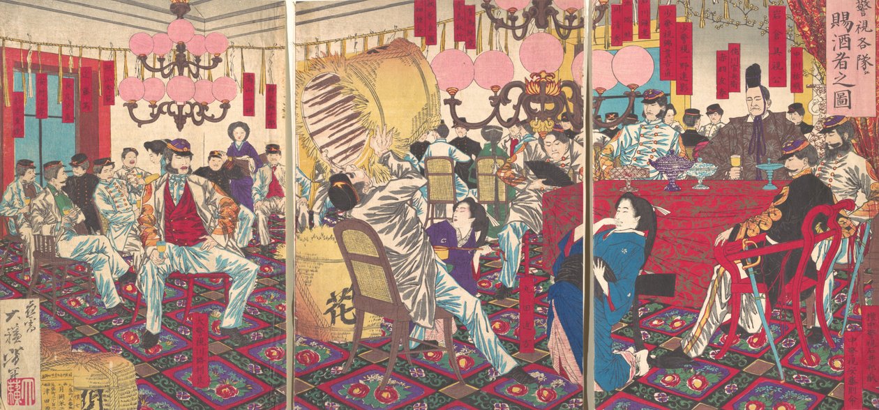 Polischefens parti: En gåva av mat och dryck, september 1877. av Tsukioka Yoshitoshi