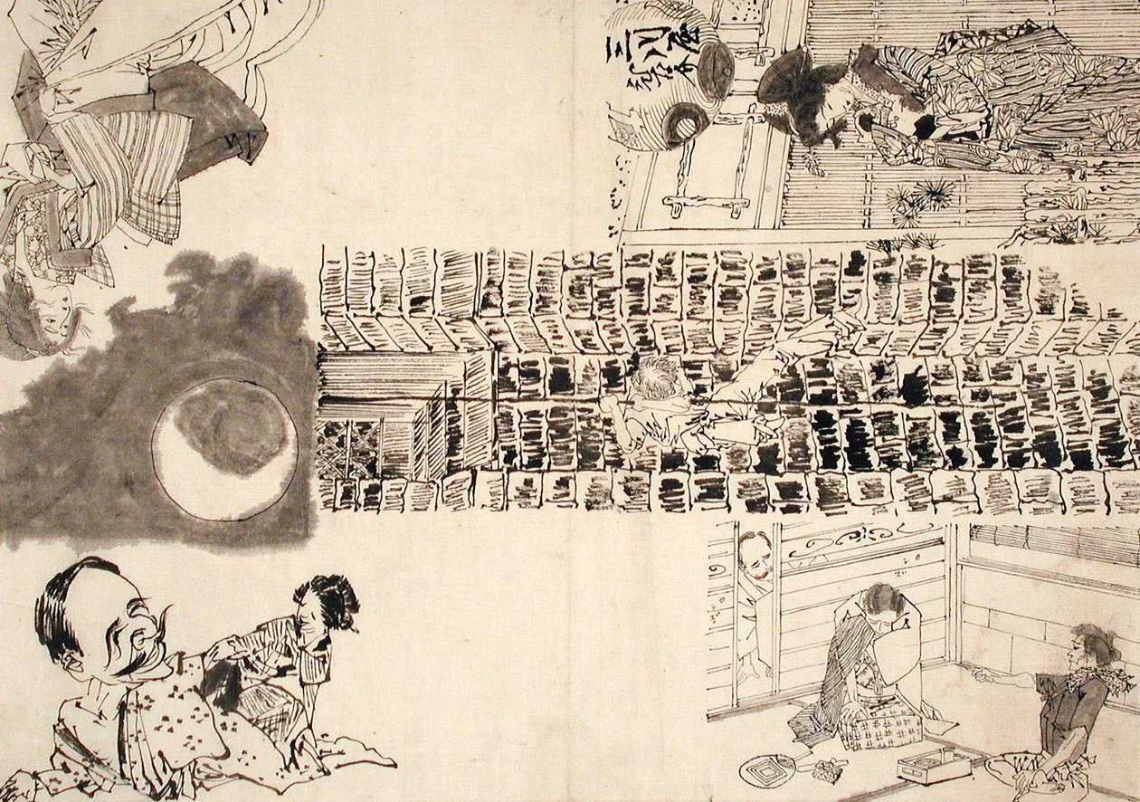 Förberedande teckning till illustrationer av melodramer och parodier av Tsukioka Yoshitoshi