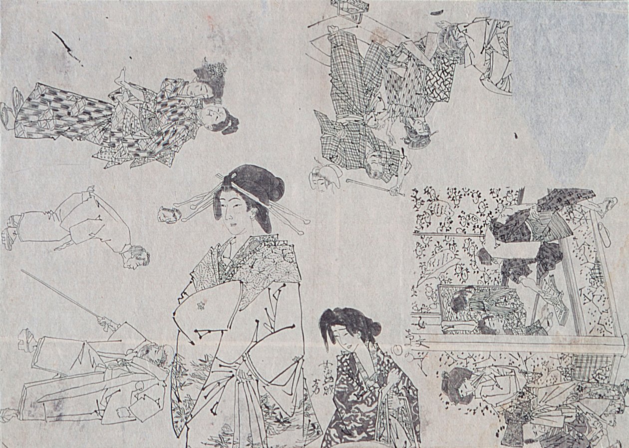 Förberedande teckningar till illustrationer för melodramer av Tsukioka Yoshitoshi