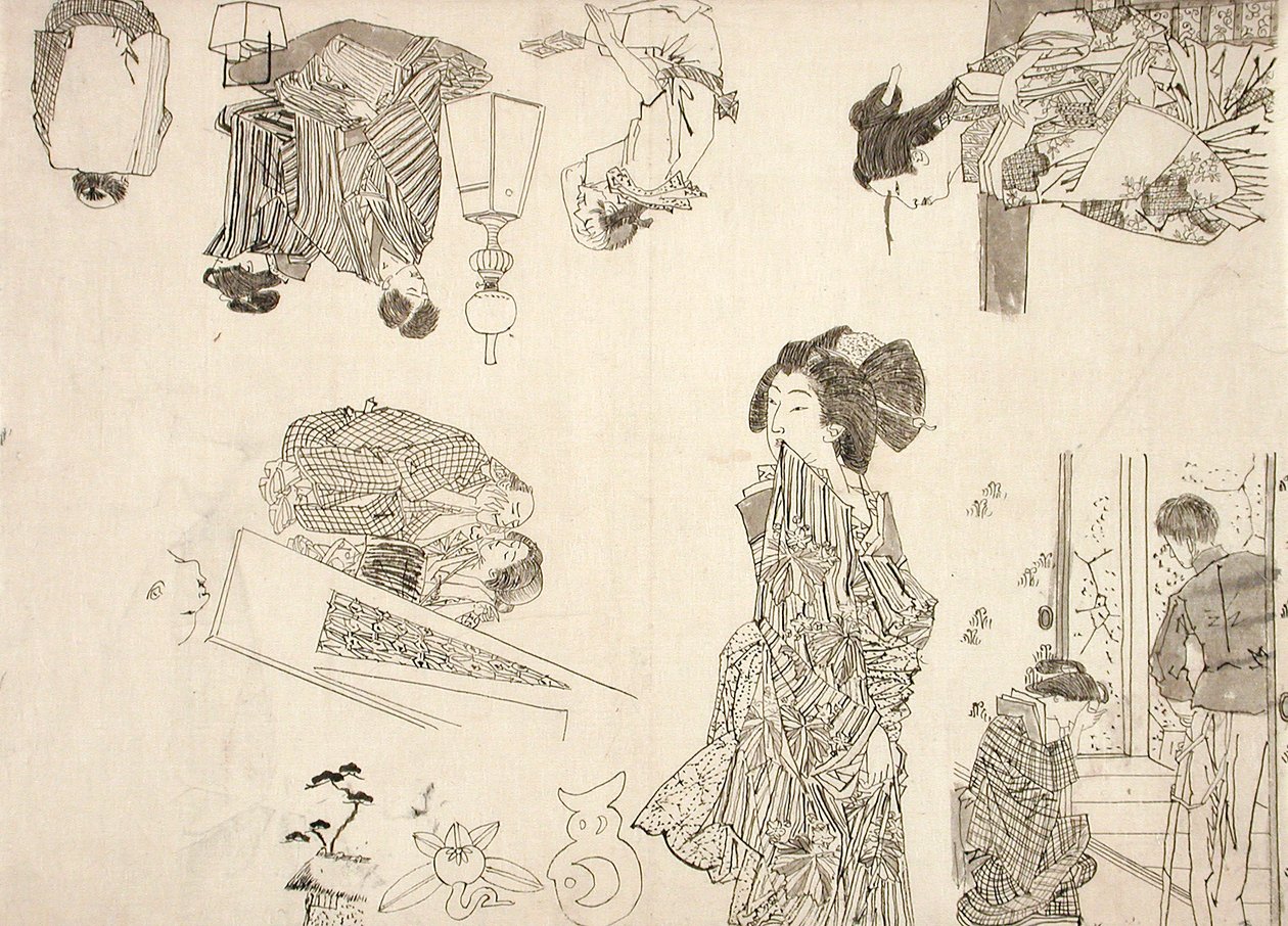 Förberedande teckningar till illustrationer av melodramer av Tsukioka Yoshitoshi