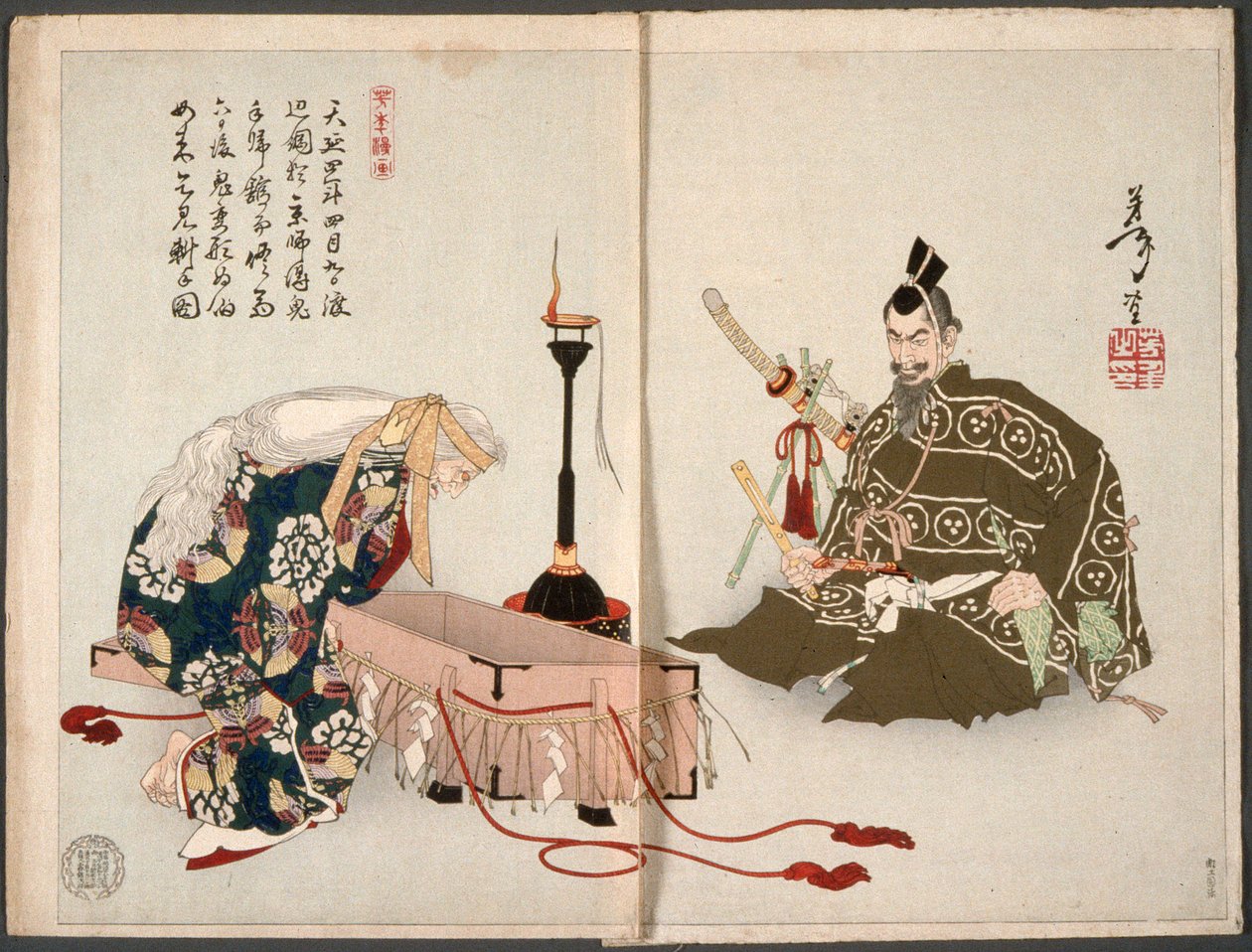 Demonen från Rashōmon besöker Watanabe no Tsuna förklädd till en gammal kvinna för att återta sin avhuggna arm av Tsukioka Yoshitoshi
