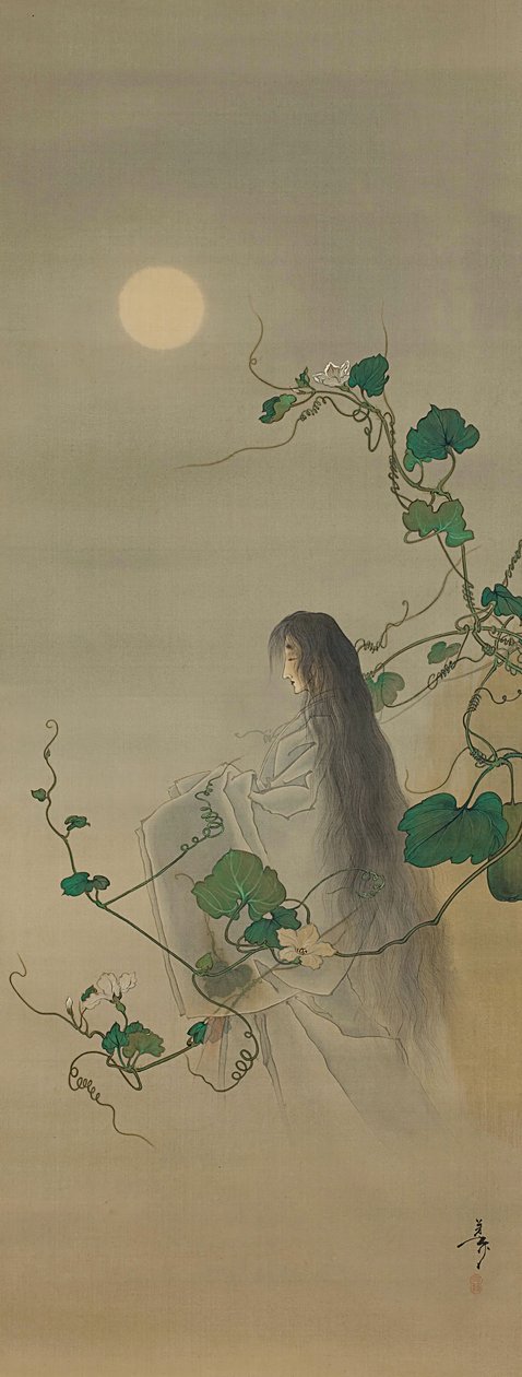The Spirit of the Deceased Yugao Entwined in Moonflower Vines..., ca. 1892. av Tsukioka Yoshitoshi