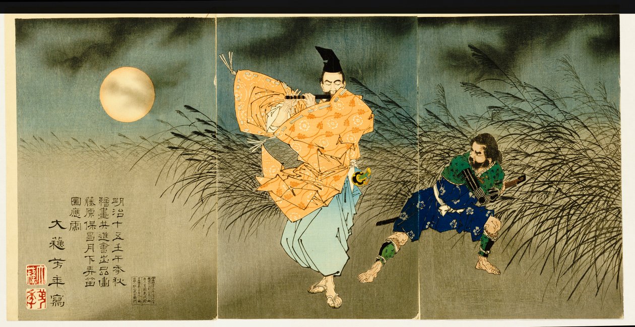 Triptyk av "Fujiwara No Yasumasa Playing the Flute by Moonlight", 1883 av Tsukioka Yoshitoshi
