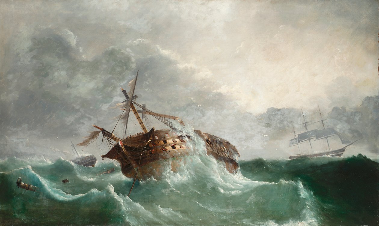 Förlusten av den franska Droits de L"Homme, den 14.1.1798 utanför Ushant efter ett försök att landsätta trupper vid Bantry Bay, Irland, ca 1850-60 av Tudgay Family
