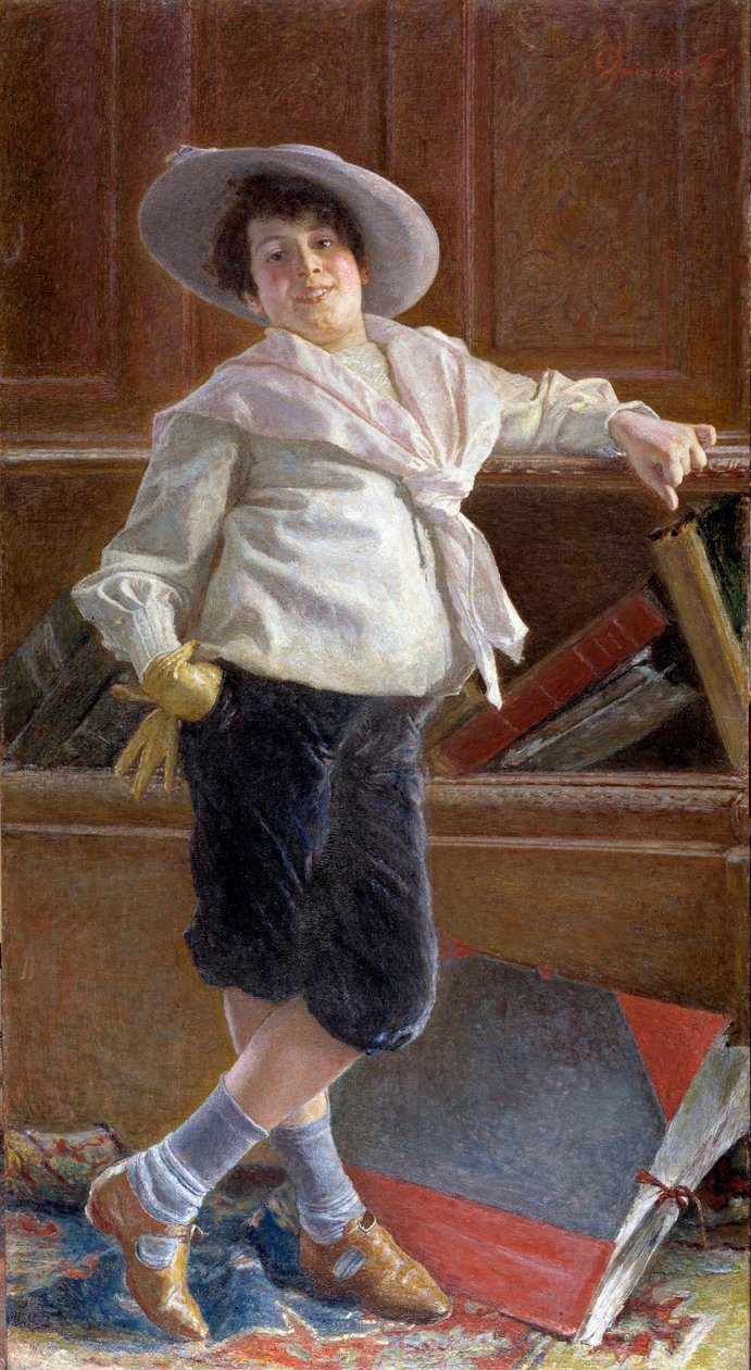 Porträtt av en smiley liten pojke, iklädd sjömansmocka Målning av Tullio Salvatore Quinzio (1858-1918) Dim 80x100 cm Genes, Galleria d