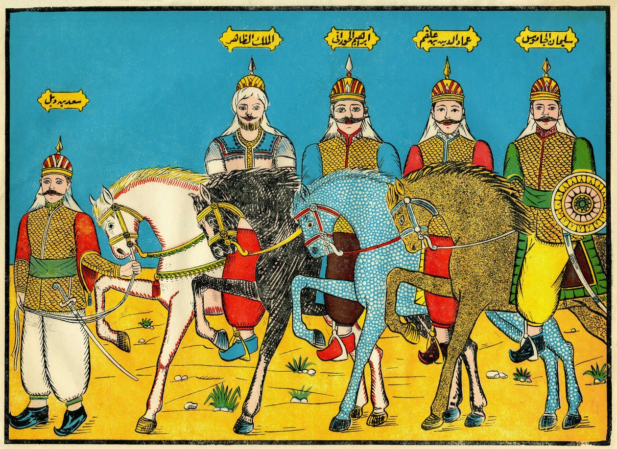 Mamlukerna, legendariska hjältar i Dhaher Bibars historia, på 1200-talet. Populära bilder, Tunisien av Tunisian School