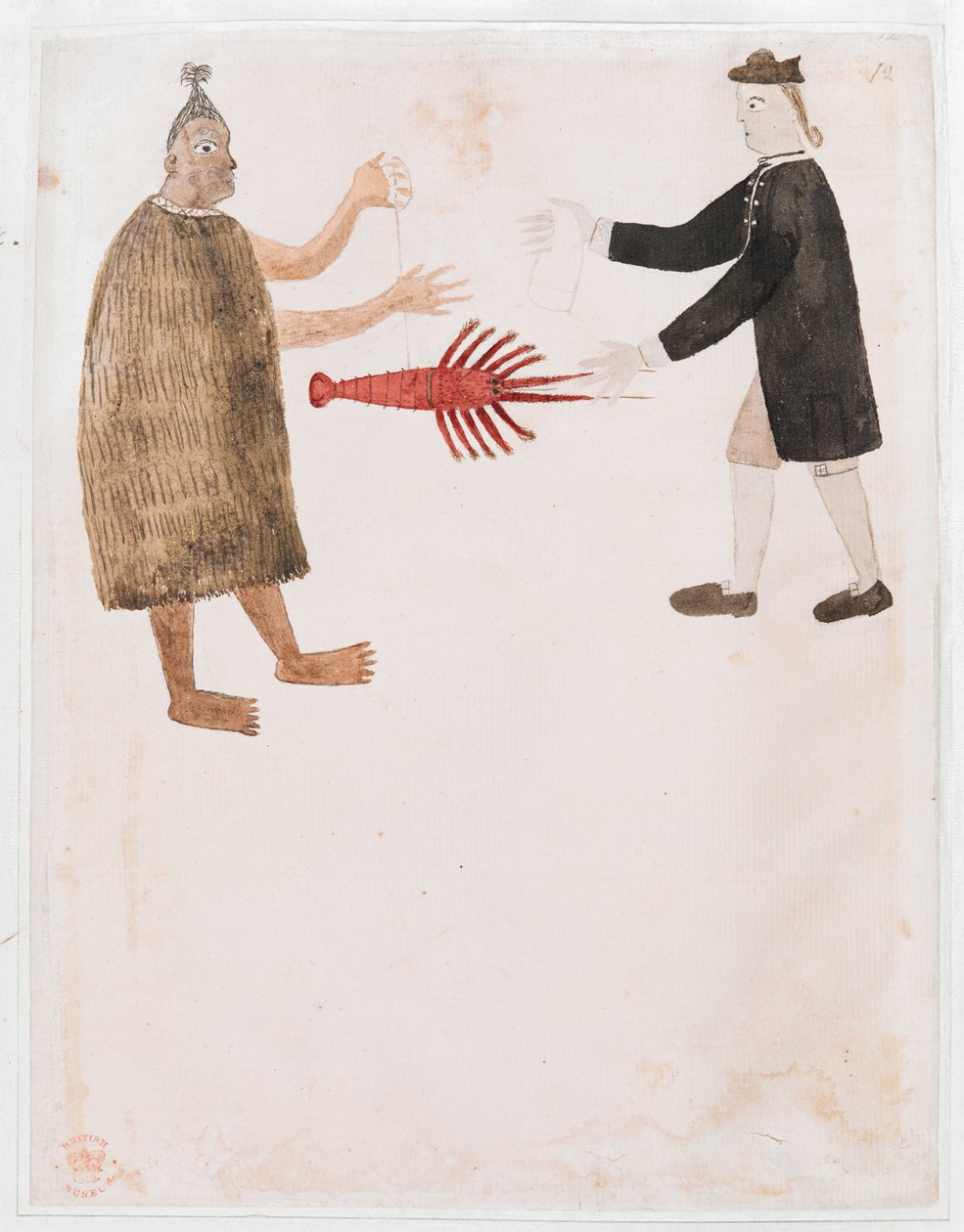 Lägg till MS 15508 [Ritning nr.12] En maori som byter en kräfta med en engelsk sjöofficer, "Teckningar som illustrerar Captain Cooks första resa" av Tupaia Tupaia