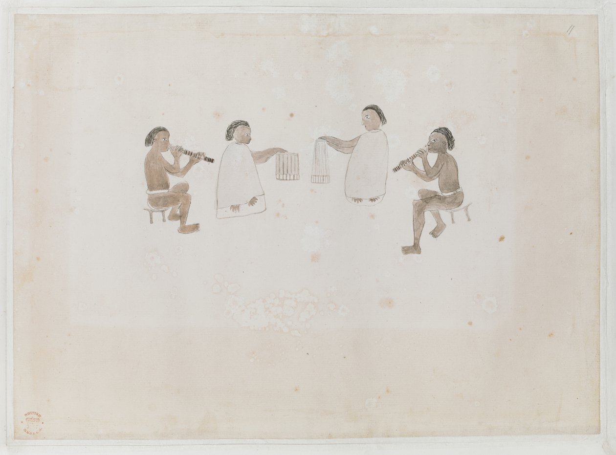 Lägg till MS 15508 f.11 Musicians of Tahiti, juni 1770 (akvarell på papper) av Tupaia Tupaia