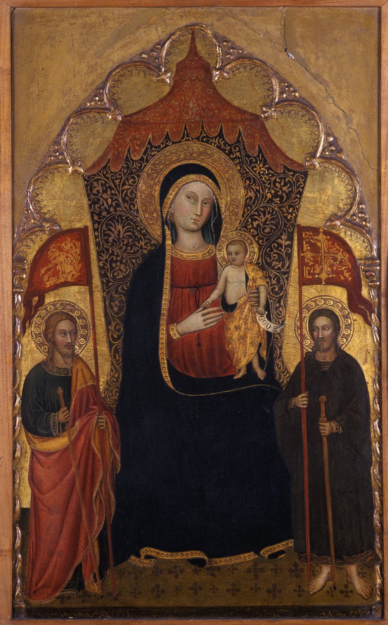 Tronades Madonna och barn med aposteln Jakob den äldre och St. Ranieri, ca 1410-20 (tempera på poppelträ) av Turino Vanni