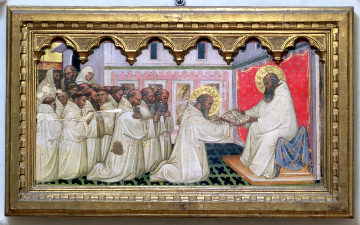 Den helige Benedictus överlämnar den nya ordningens regel till munkarna i Monte Cassino (tempera på panel) av Turino Vanni