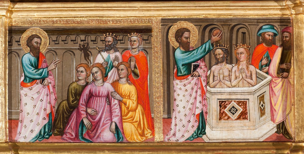 Predella med den helige Bartolomeus liv, gör exorcism och dop, detalj från Jungfru och barn omgiven av änglar och helgon (olja på panel av Turino Vanni