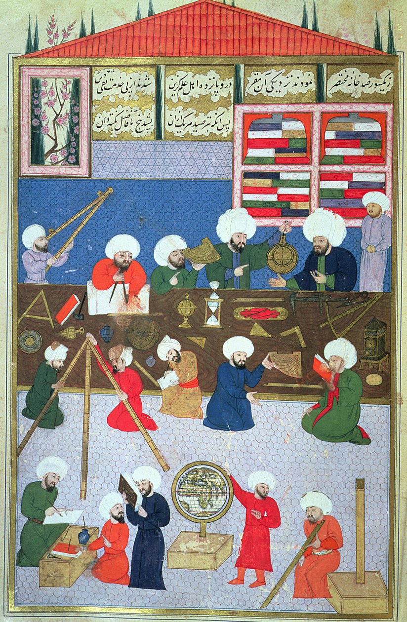 FY 1404 Takyuddin och andra astronomer vid Galata-observatoriet grundat 1557 av Sultan Suleyman, från Murad III:s Sehinsahname, ca 1581 av Turkish School