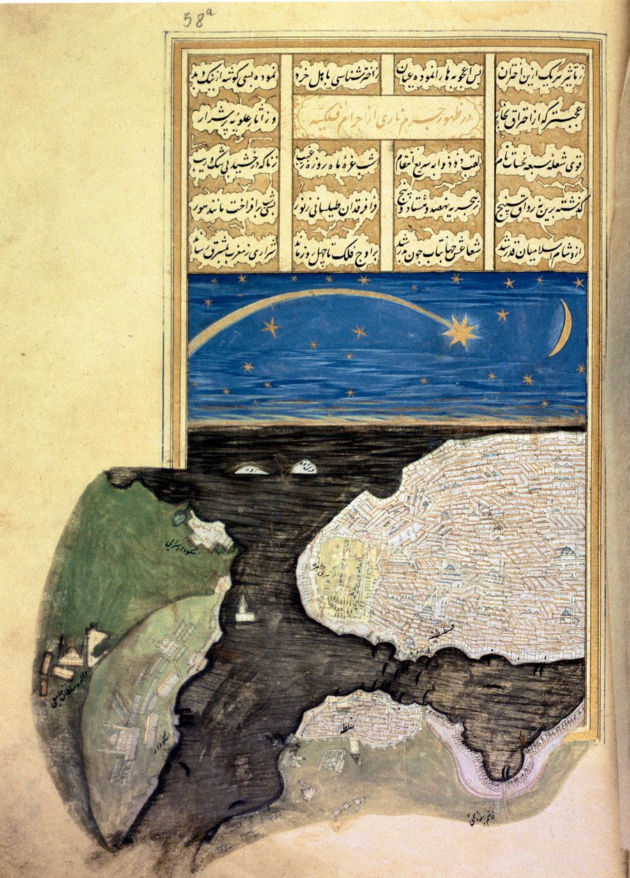 MS FY 1404 f.58a, Den stora kometen ovanför Gyllene hornet i Konstantinopel, från Sehinsahname av Murad III, c.1581 av Turkish School