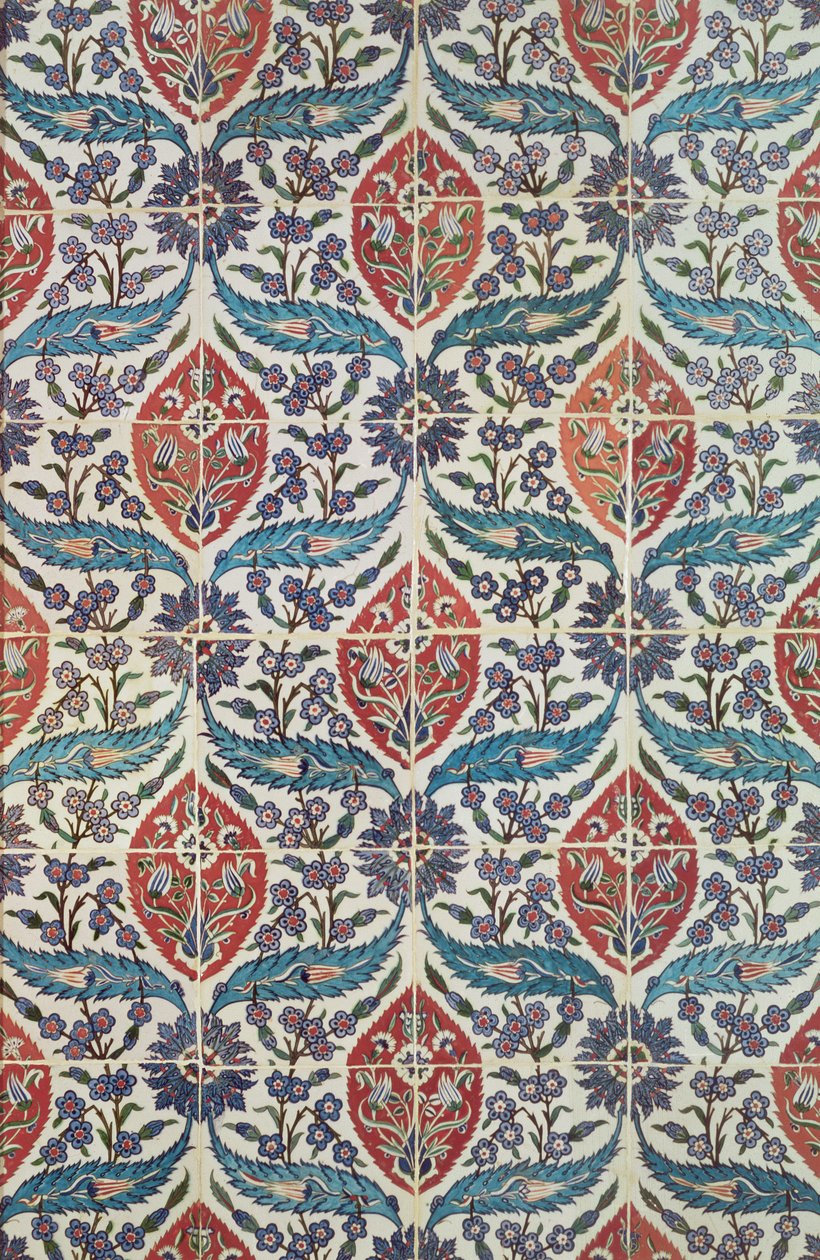 Panel av Isnik lergodsplattor från baden i Eyup Ensari, Istanbul, ca 1550-1600 (keramik) av Turkish School