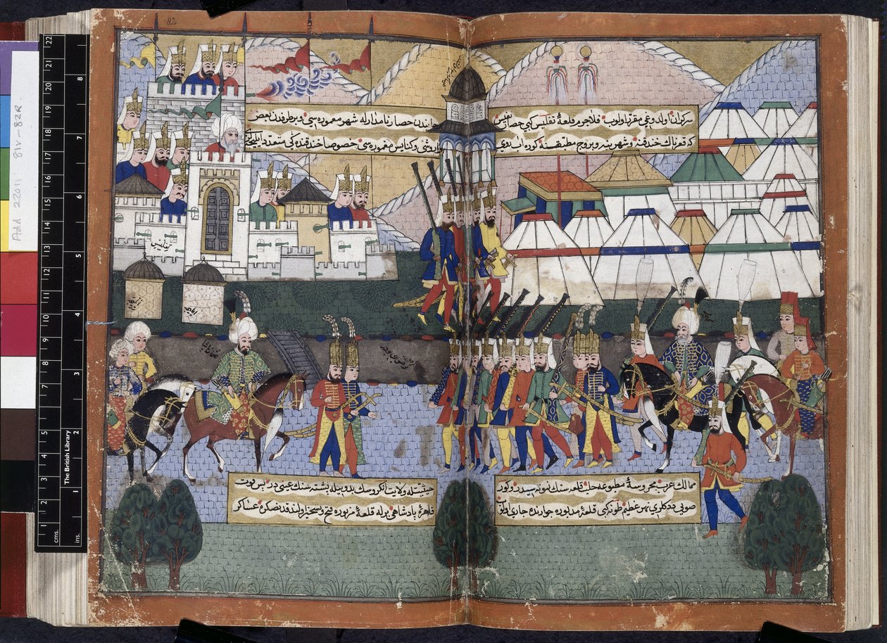 Lägg till. 22011, ff.81v-82, Lala Mustafa Pashas ottomanska armé paraderar framför Tiflis murar från 