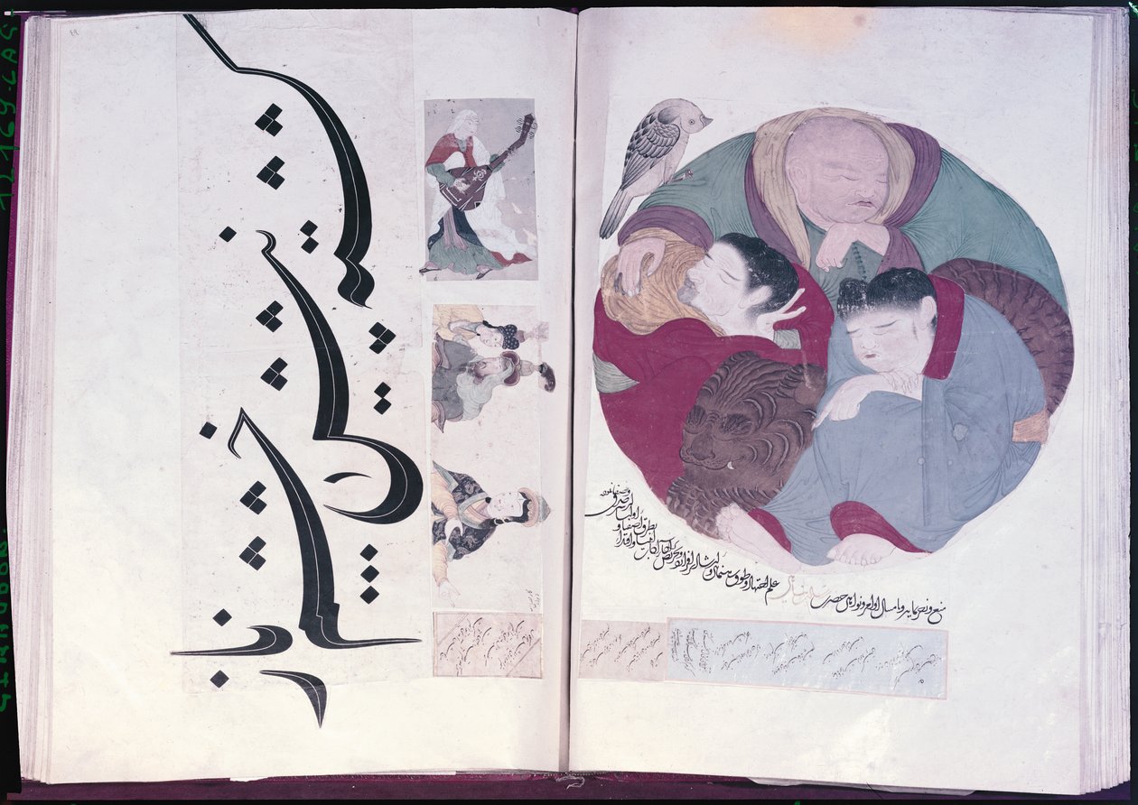 Album 2160 Människor som sover och kalligrafi, från ett album med miniatyrer, 1200-1500-tal av Turkish School