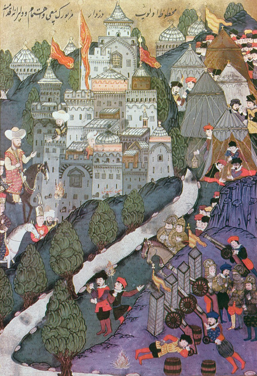 Slaget vid Nicopolis, 25-28 september, 1396, faksimil av en miniatyr bevarad i Topkapi-museet i Istanbul av Turkish School