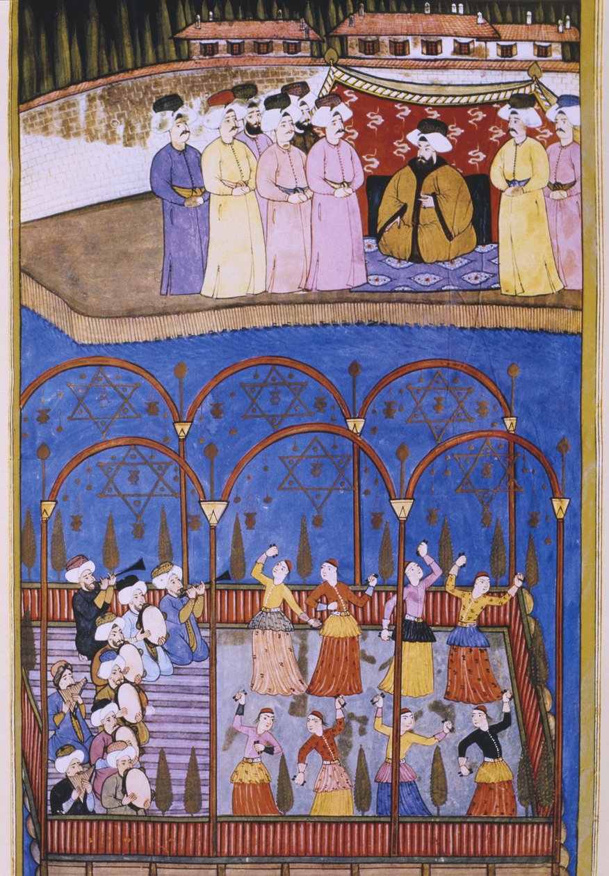 Dansare och musiker inför sultanen och hans hov, från Sur-Nama av Turkish School