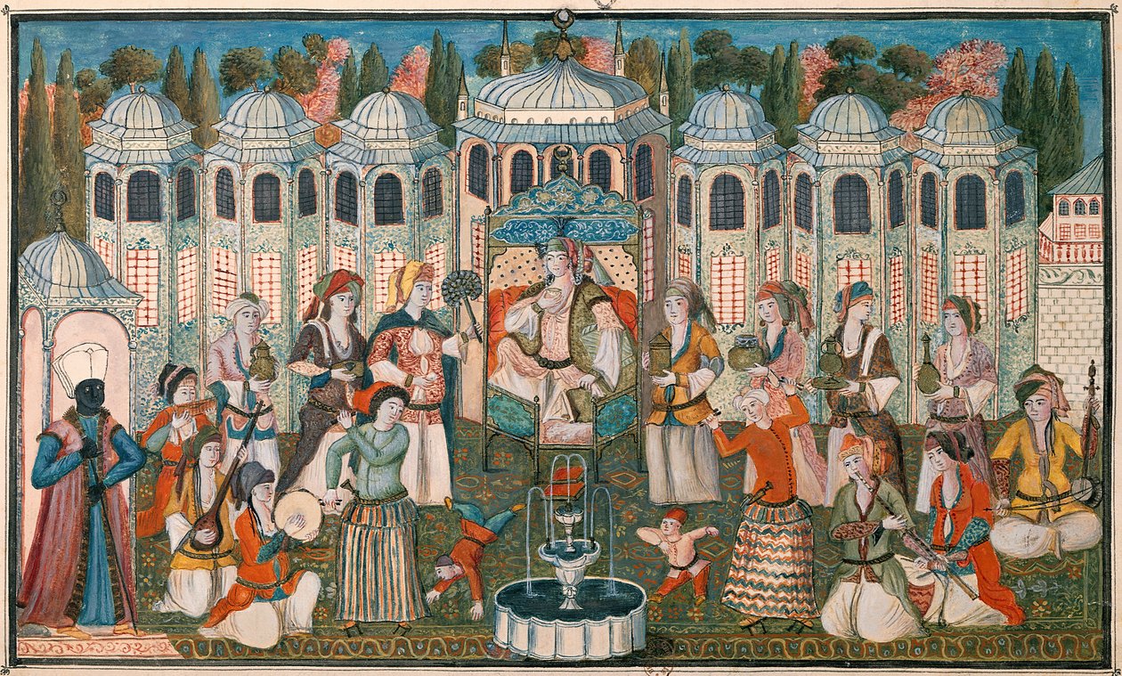 Fest för Valide Sultana med närvaro av Madame Girardin, den franska ambassadören (wc & gouache på papper) av Turkish School