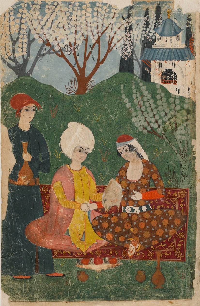 Folio från en oidentifierad text; recto: Prince and Princess Seated on a Carpet, Istanbul, ca 1700-25 (ogenomskinlig akvarell, bläck och guld på papper) av Turkish School