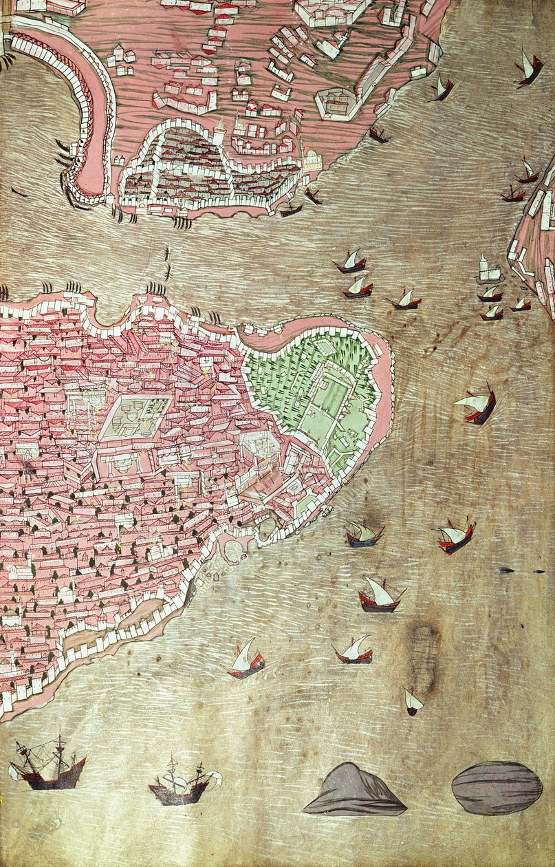 H 1523 fol.159v Utsikt över Topkapipalatset och Bosporensundet, Istanbul, från Hunername av Lokman, 1558 (penna & bläck och gouache på papper) (se även 229557) av Turkish School