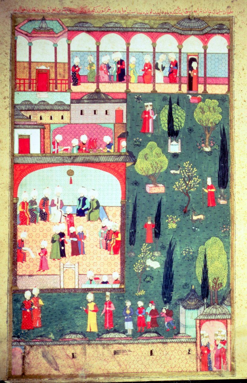 H 1524 f.242r Ministerrådet i Topkapipalatset, från Lokmans "Hunername", 1588 av Turkish School