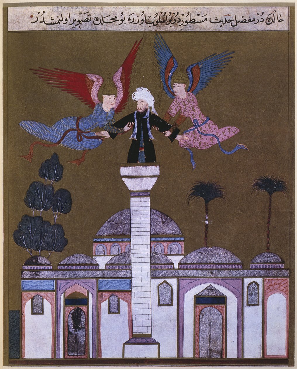 Jesus Kristus buren av två änglar från minareten i moskén i Damaskus, från Zubdet ut Tevarih av Lokman, 1583 av Turkish School