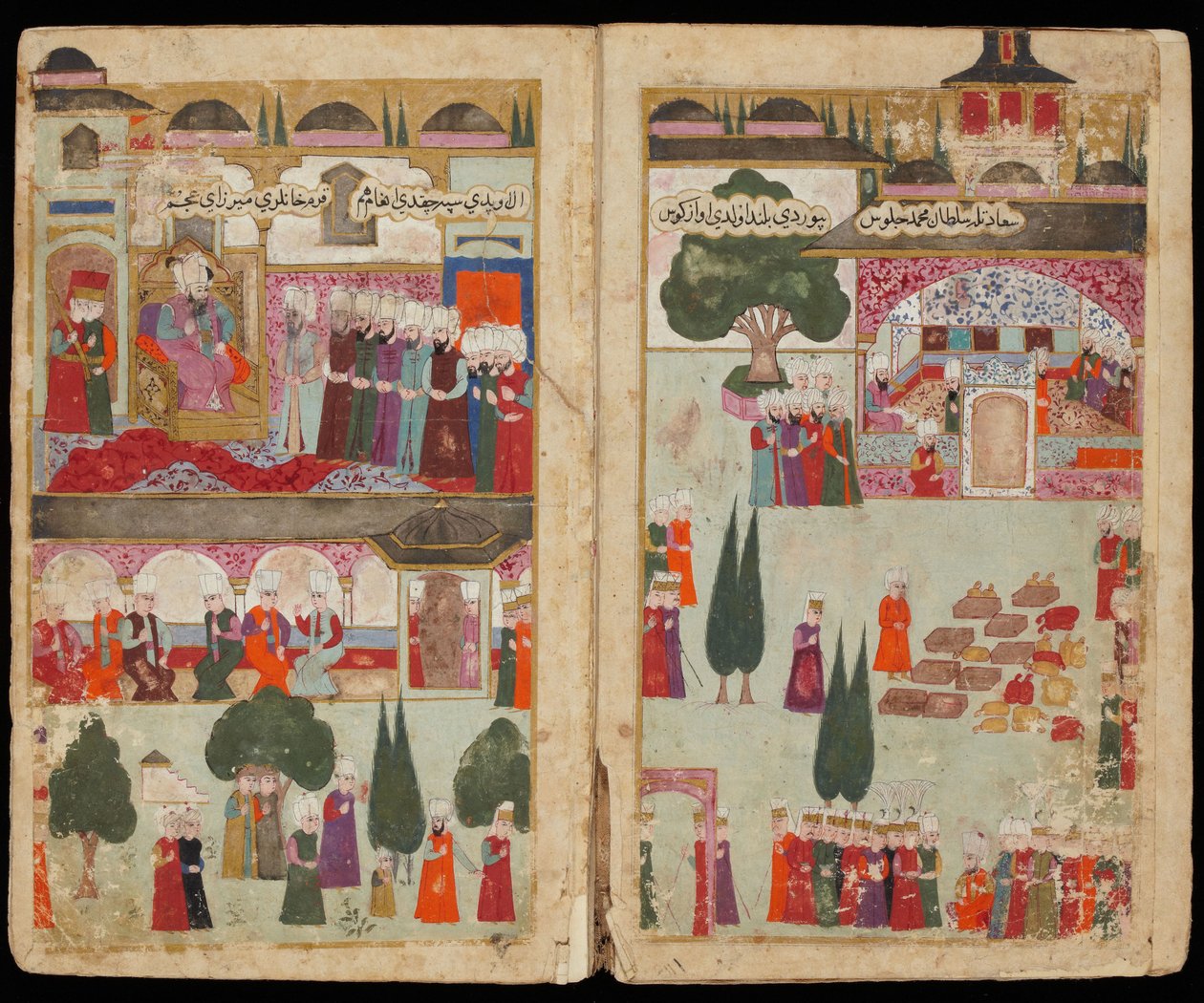 Le couronnement du sultan ottoman Mehmet III (1566-1603) au palais Topkapi, sv 1595 - Mehmed III:s kröning i Topkapipalatset 1595 (Från Manuskript Mehmed III:s fälttåg i Ungern) - Turkisk mästare - ca. 1600 - Akvarell och tusch på papper - The av Turkish School