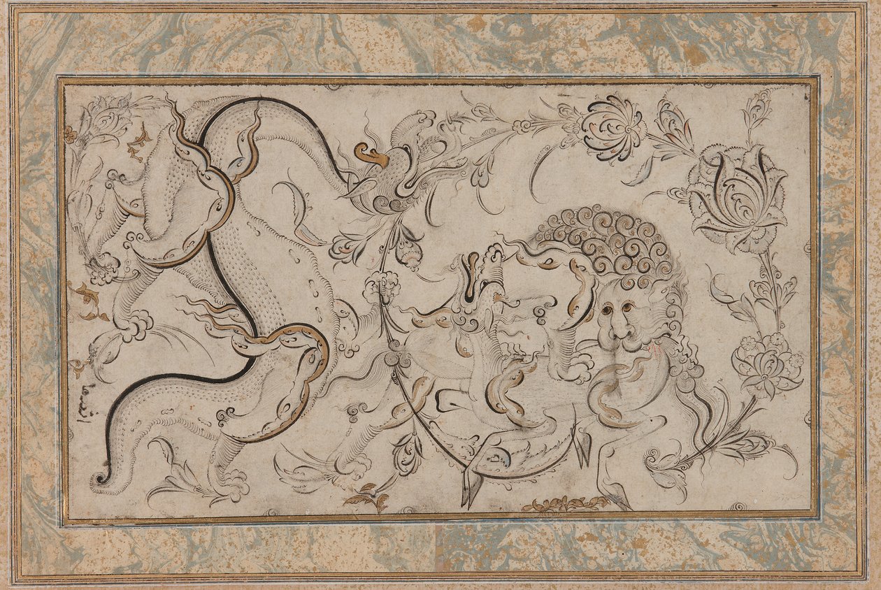 Lejon-, chi-lin- och drakeset i blomsprayer, ottomansk period av Turkish School