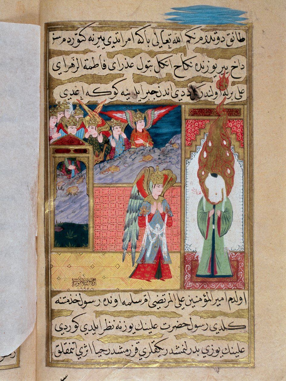 Möte av ärkeängeln Gabriel och profeten Muhammed (Muhammed eller Muhammed) (570-632) (ansiktet täckt) i moskén i Medina”” Turkisk miniatyr av 1700-talet Istanbul, Museum för turkisk-islamisk konst Turkiet av Turkish School