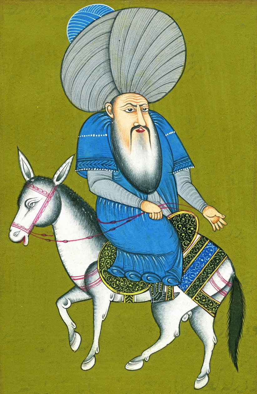 Nasreddin Hodja rider sin häst baklänges (akvarell på papper) av Turkish School