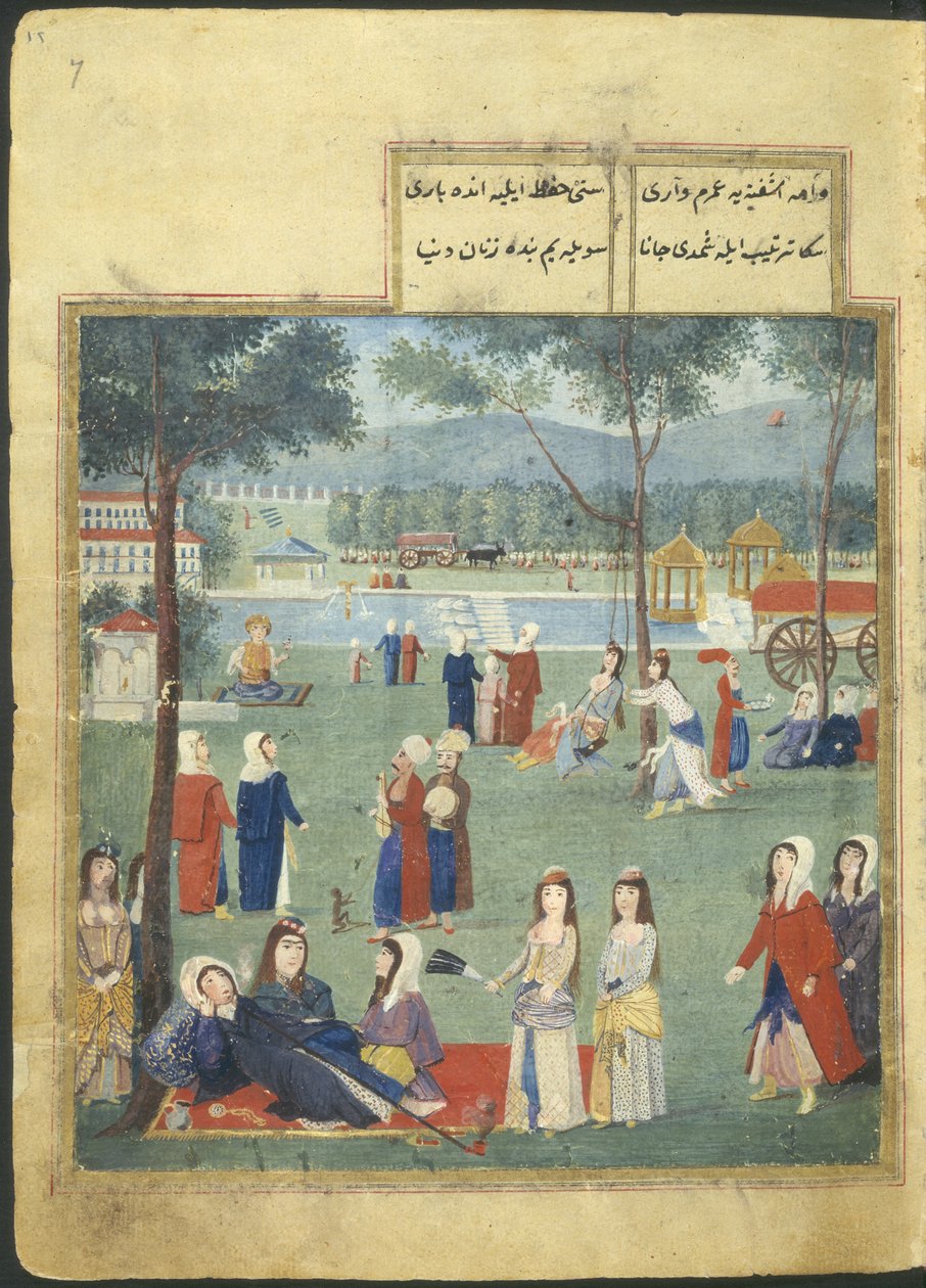 Eller. 7094 f.7, The Gardens of the Kagithane (The Sweet Waters of Europe), Women in a park (akvarell på papper) av Turkish School