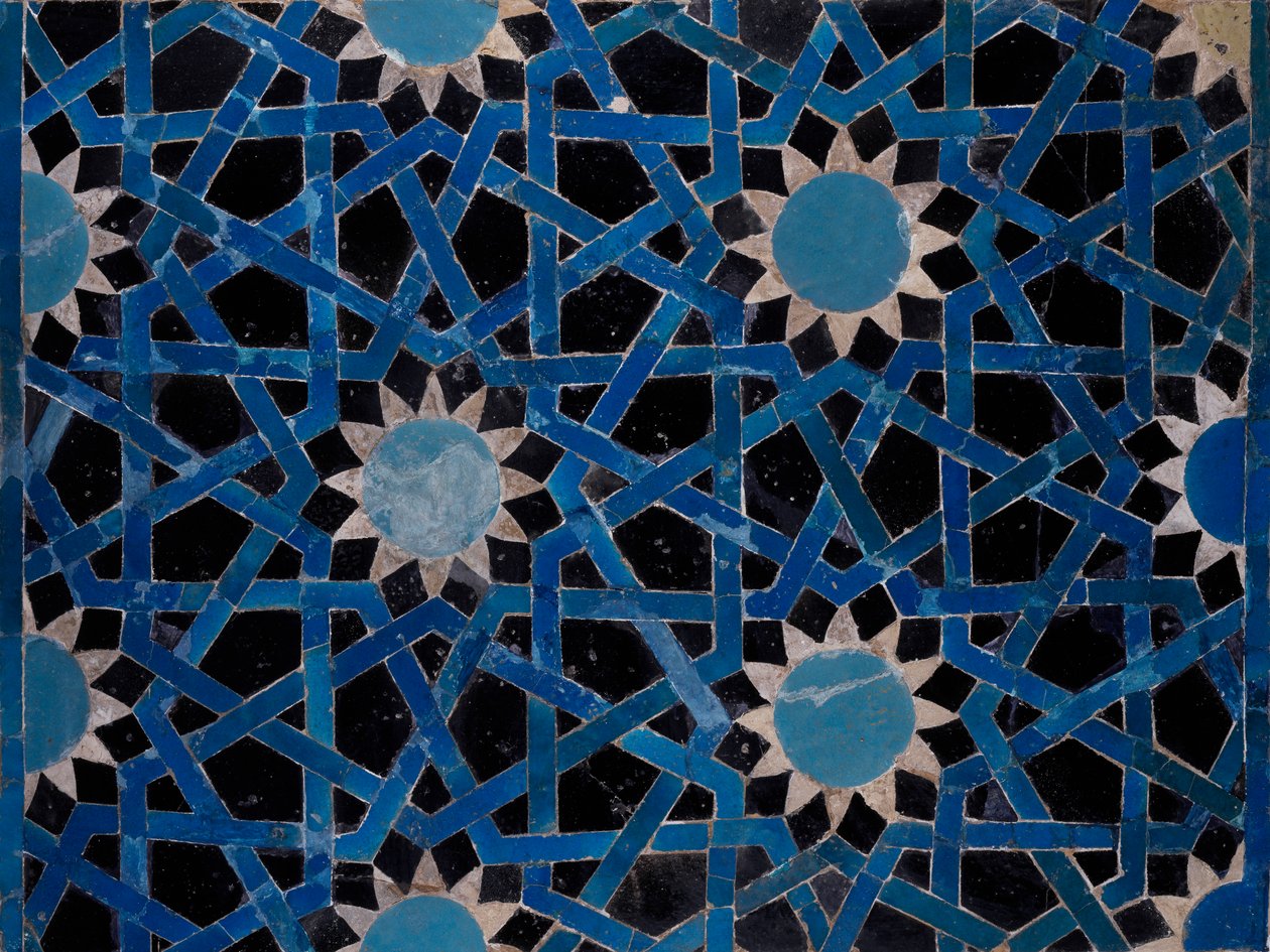 Panel i fajans dekorerad med geometriska motiv från Konya, Turkiet, Seljuk Civilization av Turkish School