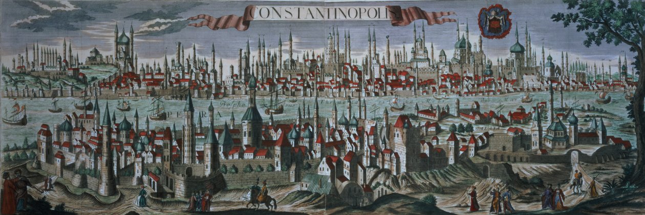 Panoramautsikt över Konstantinopel, sent 1700-tal av Turkish School