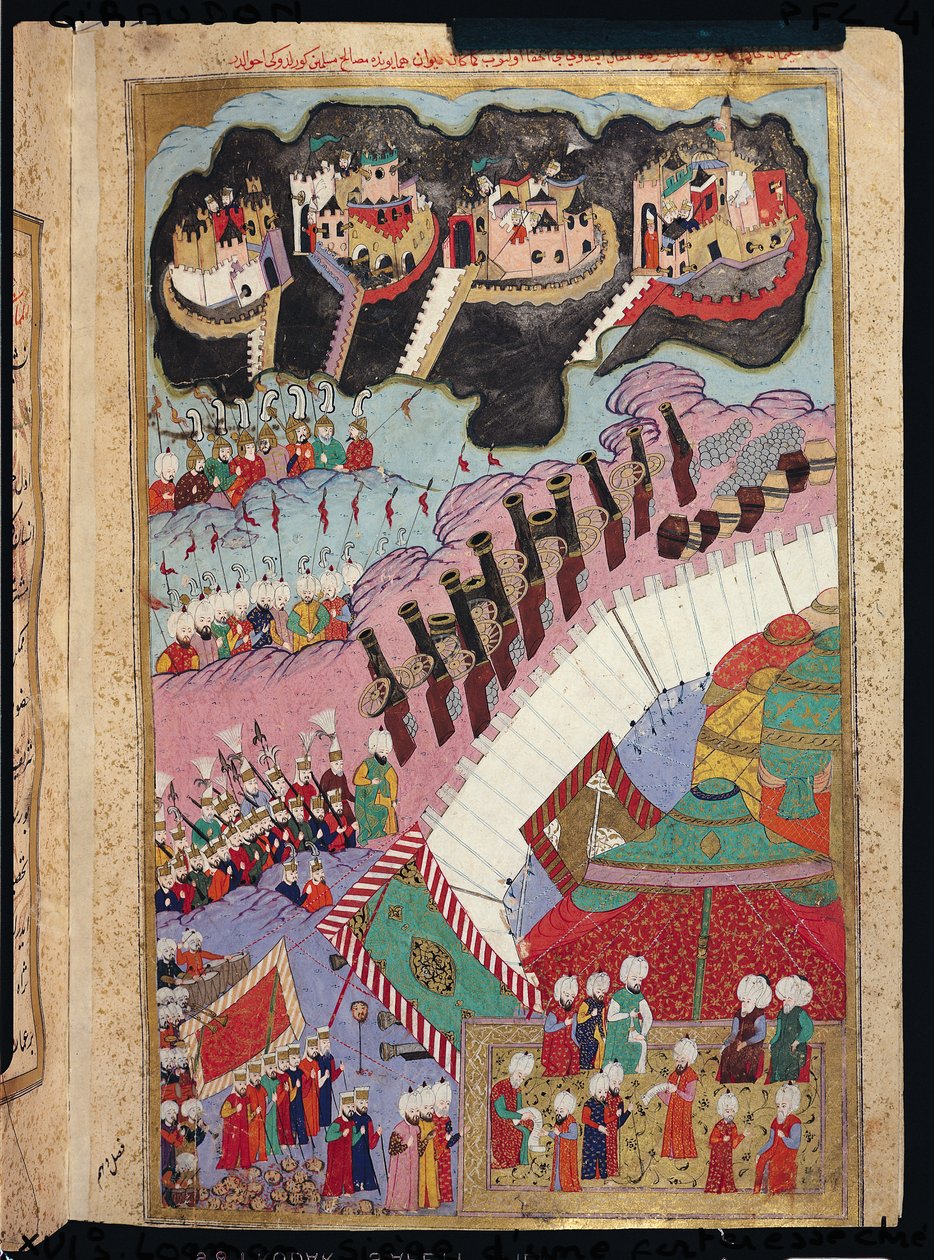 TSM H.1524 The Forces of Suleyman the Magnificent (1484-1566) Belägrar en kristen fästning, från Lokmans "Hunername", 1588 (se även 182451) av Turkish School