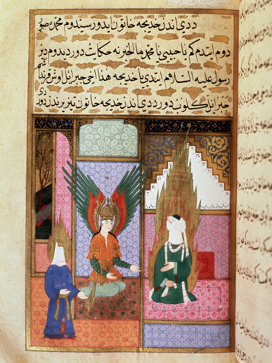 Dödsängeln ber profeten Muhammed (Muhammed eller Muhammed) (570-632) (täckt ansikte) om tillåtelse att ta hans fru Khadija Miniature från ett 1700-talsmanuskript. Istanbul Topkapi Museum av Turkish School