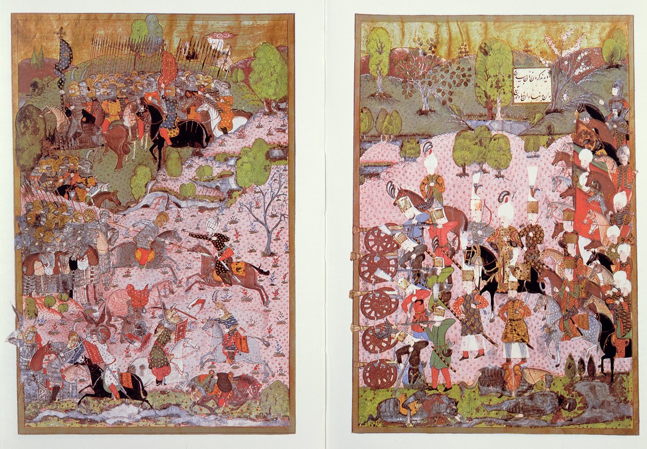 Slaget vid Mohacs, mellan turkarna och ungrarna, 1526, faksimil av en miniatyr bevarad i Topkapi-museet i Istanbul av Turkish School