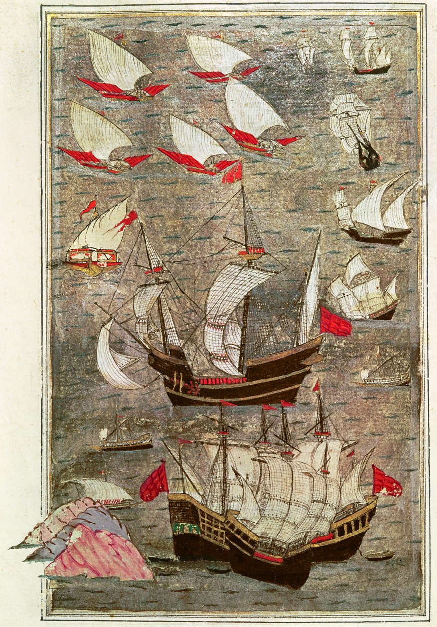 Den ottomanska flottan av Tarik-y Bayezid (bläck och bladguld på veläng) av Turkish School