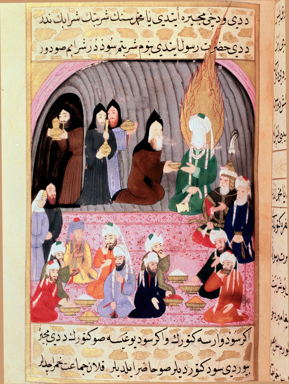 Profeten Muhammed (Muhammed eller Muhammed) (570-632) (täckt ansikte) på en resa till Syrien välkomnas av kristna munkar som serverar honom en turkisk miniatyrmåltid från 1700-talet. Topkapi-museet, Istanbul Turkiet av Turkish School
