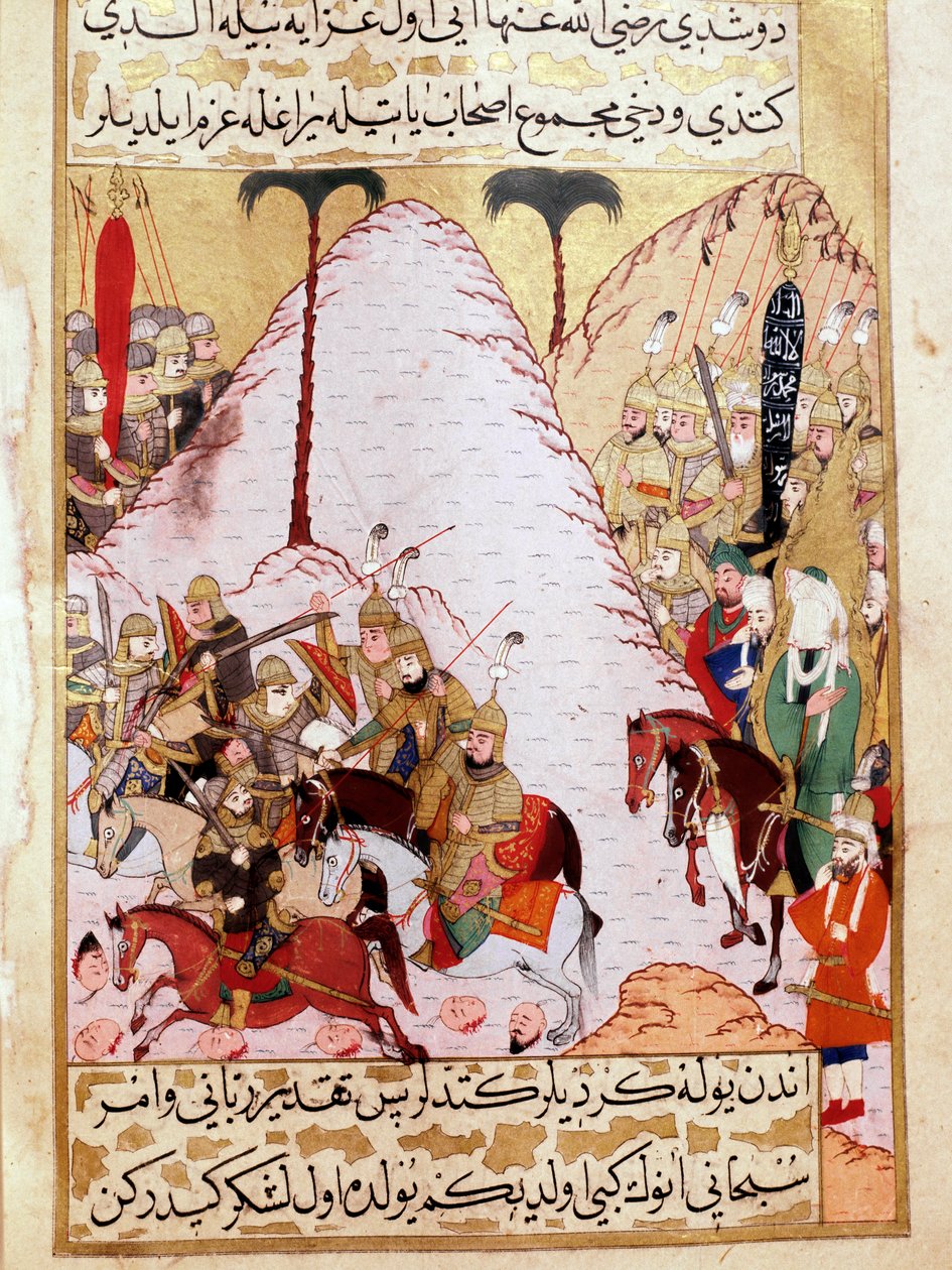 Profeten Muhammed (Muhammed eller Muhammed) (570-632) (ansikte täckt) under belägringen av Mecka Turkish Miniature av 1700-talets Topkapipalats Istanbul Turkiet av Turkish School