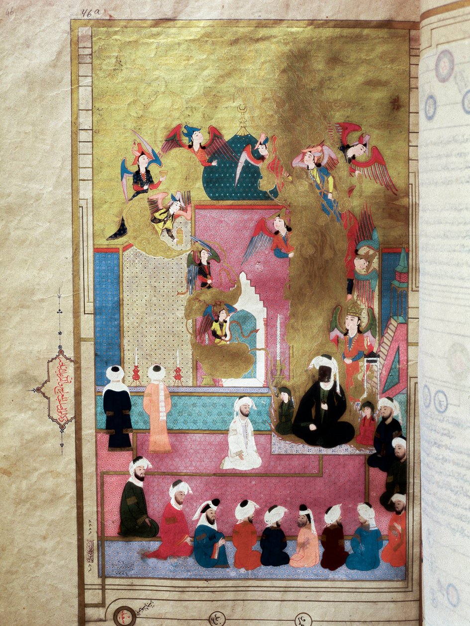 Profeten Muhammed (Mohammed eller Muhammad) (570-632) (ansikte täckt) under Mirac, hans uppstigning till den sjunde himlen Miniatyr från manuskriptet "Zubdat al-Tawarikh" (eller Zubdat al Tawarikh) av historikern Seyyid Loqman Ashuri under rem av Murad III av Turkish School