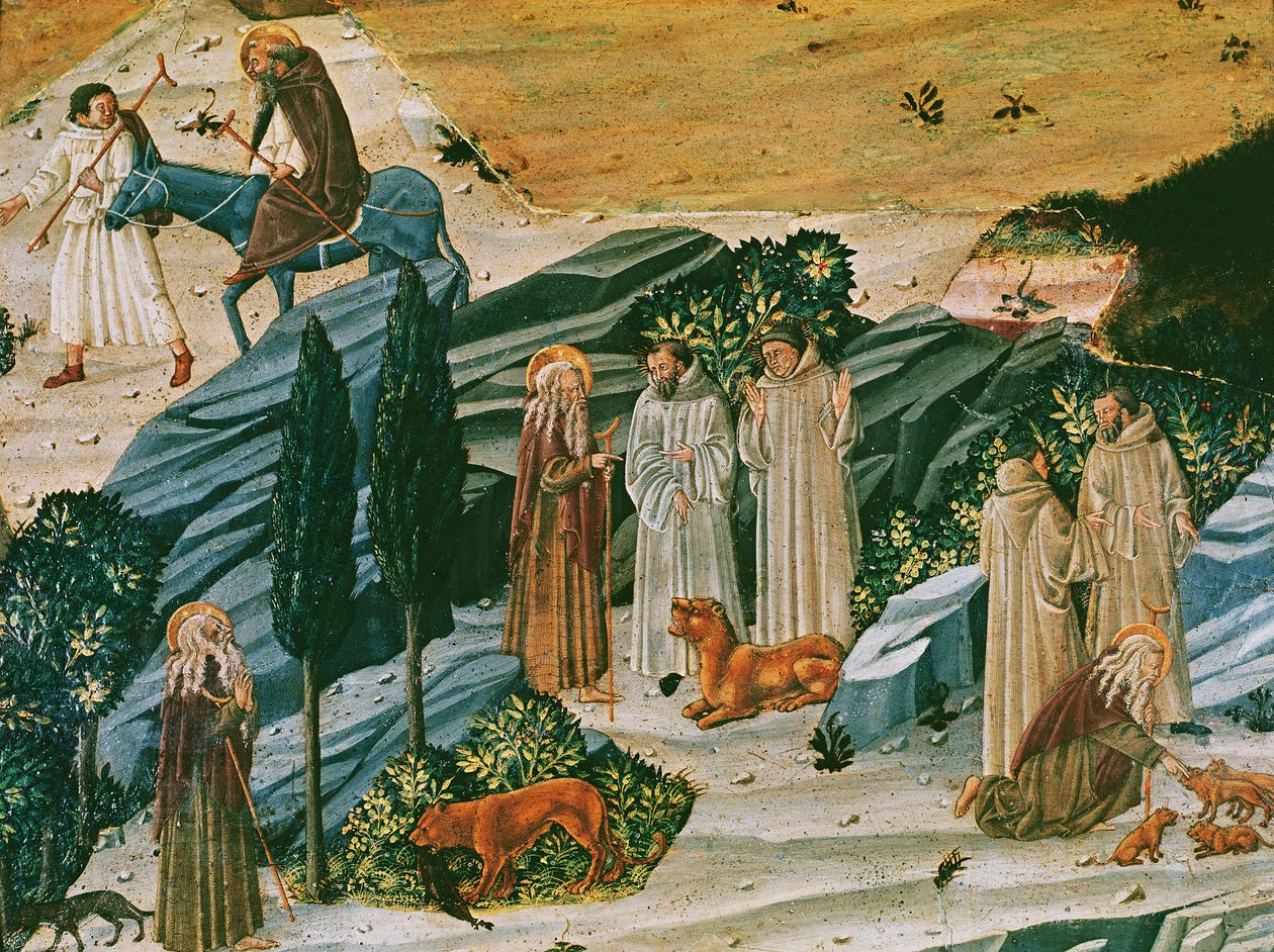 Saint Gerasimus i Thebaidöknen med lejonet han tämjde genom att ta bort en tagg från dess tass, ca 1440 (tempera på panel) av Tuscan School