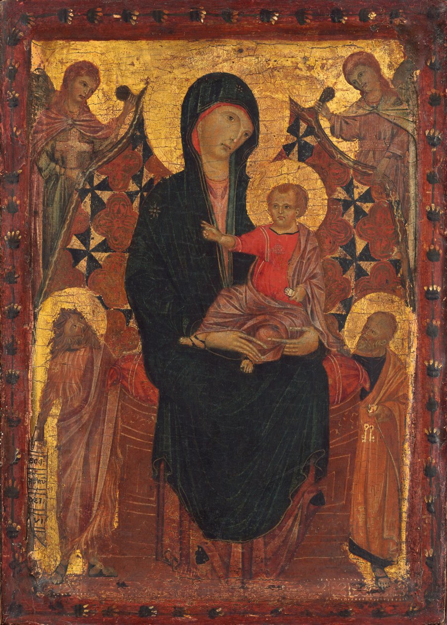 Madonna och barn med Johannes Döparen, Sankt Peter och två änglar av Tuscan 13th Century