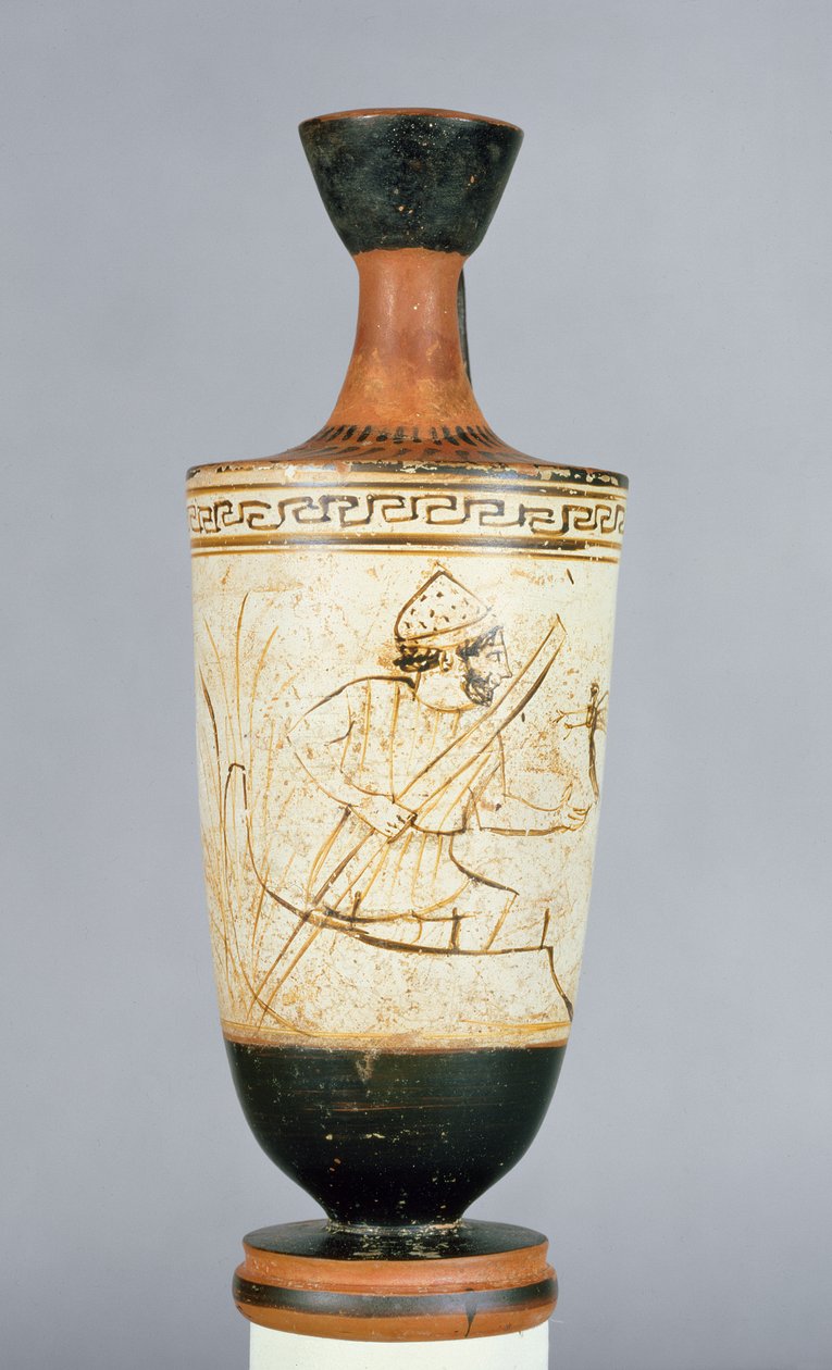 Attic white-ground lekythos dekorerad med Charon, underjordens färjeman som tar emot själen av en död person, från Aten, c.475-425 f.Kr. (keramik) av Tymbos Painter